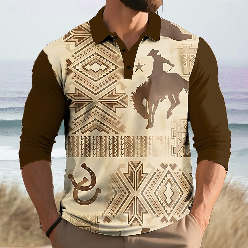 Men's Graphic Polo Long Sleeve Polo Shirts Lapel Vintage Casual Daily Wear 3D Print Buttons Spring Fall Winter Brown