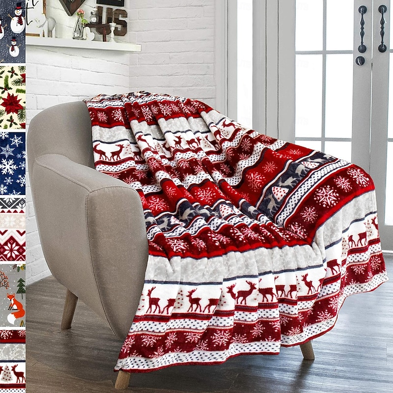 Christmas Holiday Reindeer & Snowflake Flannel Blanket, Warm Sofa Throw, Nap & Dorm Fleece Cover, Cozy Air-Conditioning Blanket
