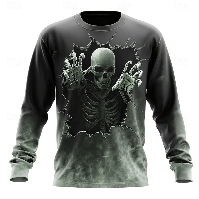 Halloween Men's Grim Reaper 3D T Shirt Long Sleeve T shirt 3D Print Crew Neck Shirt Fashion Exaggerated Street Casual Daily Purple Green Gray Summer Spring Fall Clothing Apparel S M L XL XXL XXXL2