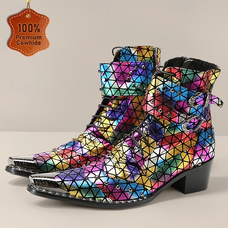 Men's Rainbow-Patterned Boots with Reflective Texture – Stylish and Colorful Shoes for Festivals, Parties and Fashion Enthusiasts