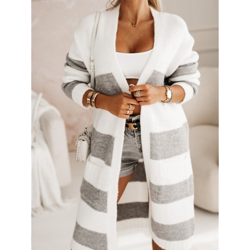 Women's Sweater Cardigan Elegant Fashion Streetwear Striped Open Front Knitted Long Sleeve Long Tops Knit Outdoor Daily Weekend Pink Blue Fall Winter4