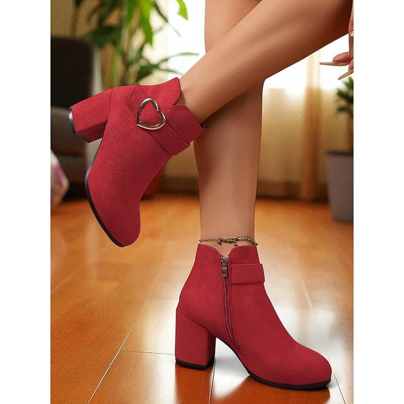 Women's Red Suede Ankle Boots with Heart Buckle - Chunky Heel Side-Zip Booties for Fall Fashion,  Christmas and Streetwear Outfits4