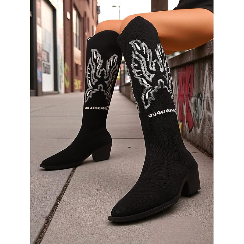 Women's Black Knit Knee High Boots with Embroidered Western Design – Comfortable Block Heel Cowboy Style Boots for Casual Streetwear and Festivals