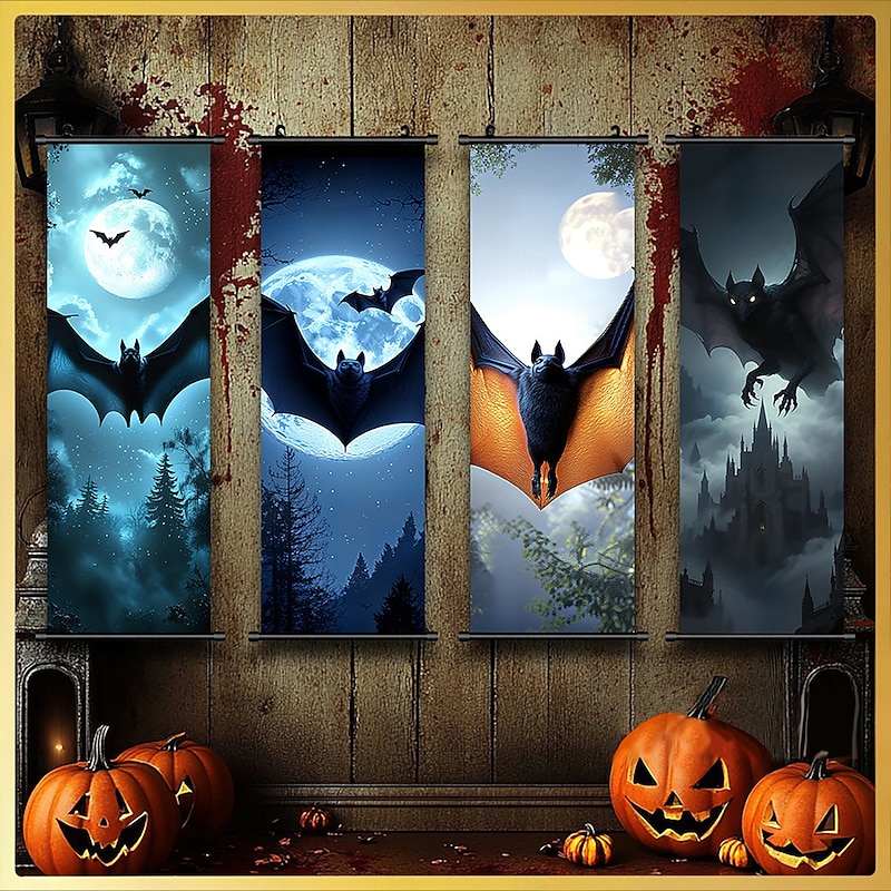 4 Pcs Halloween Wall Tapestry Flying Bats Night Pattern Wall Banner Party Decoration Interior Decor Witch House Accessories4