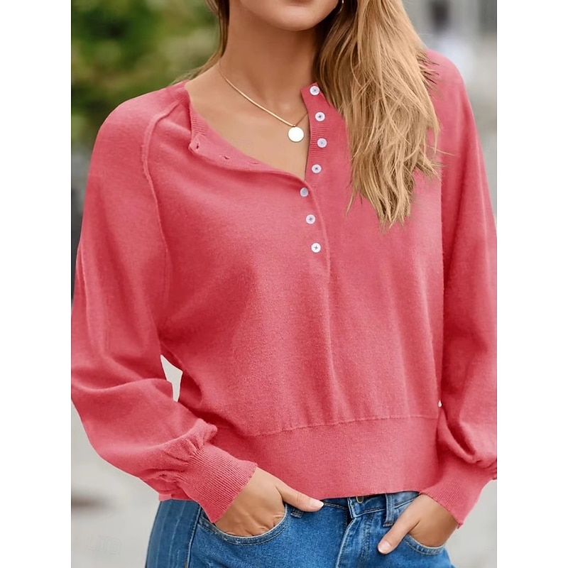 Women's Sweater Casual Soft Pure Color Ribbed Crew Neck Buttons Knitted Long Sleeve Regular Tops Knit Outdoor Daily Weekend White Yellow Fall Winter2
