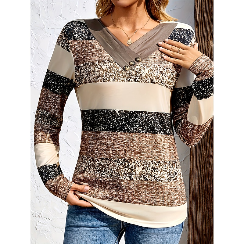 Women's T Shirt Graphic Geometric Color Block Vintage Stylish Classic Long Sleeve V Neck Regular Tops Daily Buttons Print Asymmetrical Brown Fall Winter