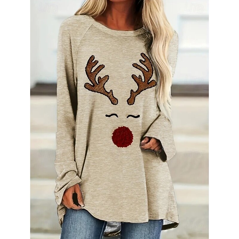 Christmas Women's T Shirt Graphic Santa Claus Giraffe Vintage Stylish Casual Long Sleeve Crew Neck Long Tops Daily Going out Weekend Print White Blue Khaki Spring Fall Winter2