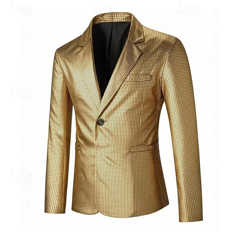 Men's Blazer Cocktail Party Wedding Party Disco Fashion Casual Spring Fall Polyester Plain Pocket Buttons Comfortable Single Breasted Blazer Gold3