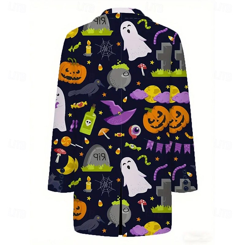 Men's Pumpkin Ghost Overcoat Coat Thermal Warm Comfortable Casual Daily Festival 3D Print Buttons Front Pocket Spring Fall Winter Notch Long Sleeve Black2