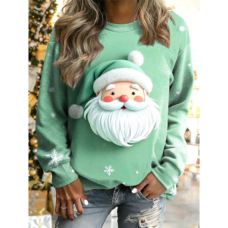 Women's Pullover Graphic Santa Claus Warm Classic Casual Long Sleeve Crew Neck Regular Tops Home Street Dailywear Print Pink Blue Purple Green Fall Winter