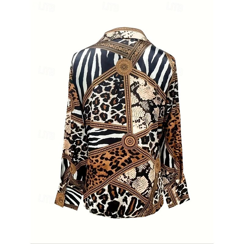 Women's Shirt Leopard Geometric Elegant Daily Long Sleeve Cowl Neck Regular Tops Work Daily Evening Party Draped Brown Spring Fall Winter Spring, Fall, Winter, Summer4