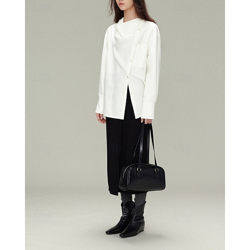 Women's Shirt Blouse Plain Elegant Vintage Long Sleeve Asymmetrical Regular Tops Holiday Going out Buttons White Gray Spring Fall3
