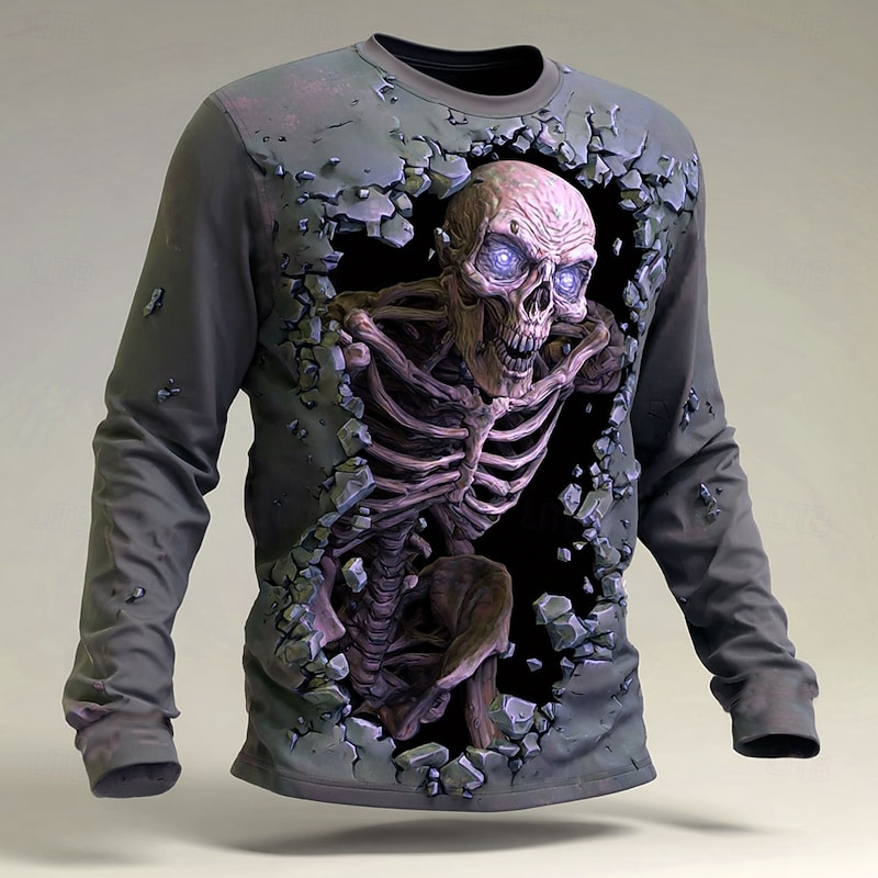 Halloween Men's Grim Reaper Skeleton T Shirt Long Sleeve T shirt 3D Print Crew Neck Shirt Fashion Exaggerated Street Casual Daily Red Purple Brown Summer Spring Fall Clothing Apparel S M L XL XXL XXXL3