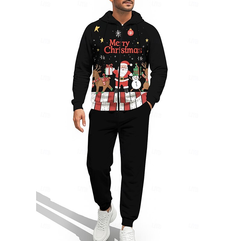 Christmas Men's Hoodie Tracksuit Zip Hoodie Drawstring Pockets Pants Hoodie Sweatshirt Fall Red / black Black / Orange Gym Workout Casual Basketball Baggy Long Sleeve Sport Activewear Stretchy4