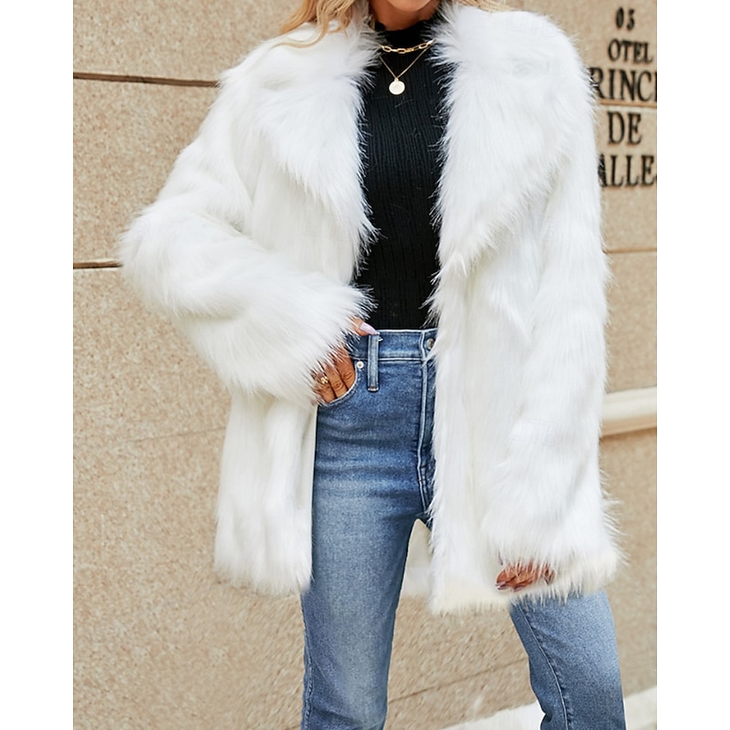 Women's Coat Faux Fur Coat Warm Comfortable Furs & Leathers Fashion Plain Vacation Street Going out Weekend Long Turndown Regular Fit Long Sleeve Outerwear White Fall Winter