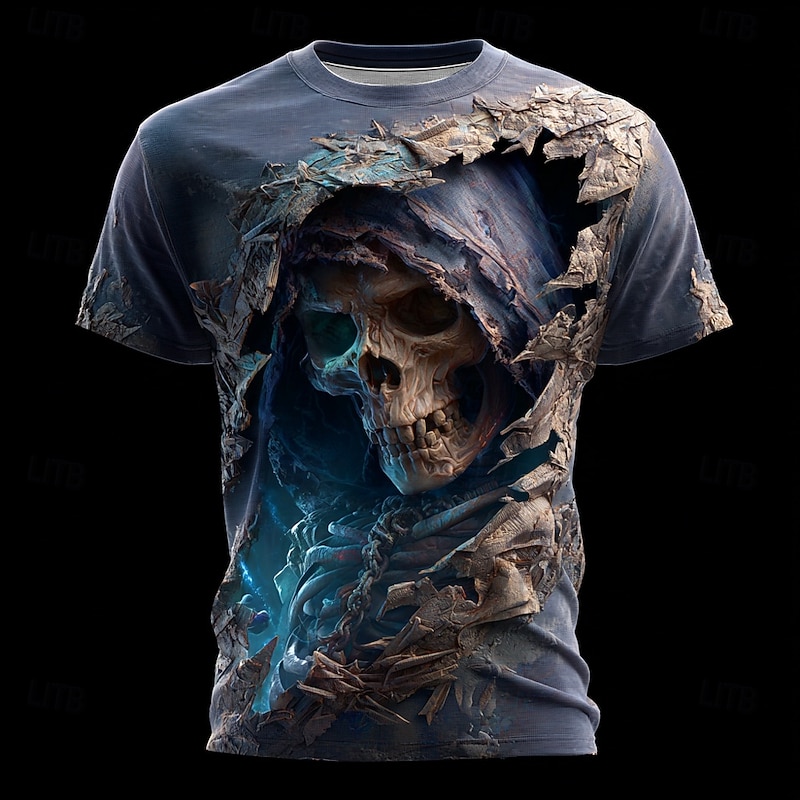 Halloween Men's Optical Illusion Grim Reaper 3D T Shirt Short Sleeve T shirt 3D Print Crew Neck Shirt Exaggerated Designer Horror Party Street Club Blue Purple Orange Summer Spring All Seasons