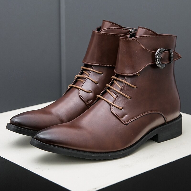 Men's Brown Faux Leather Ankle Boots with Buckle and Lace-Up Design, Stylish Footwear for Business Casual, Smart Casual and Evening Events