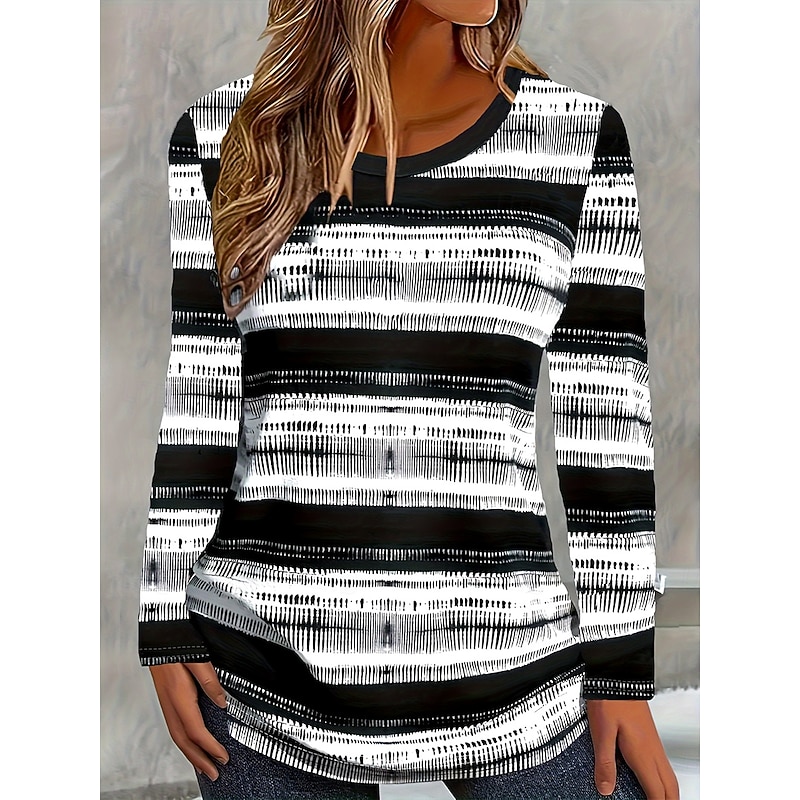 Women's T Shirt Graphic Striped Vintage Stylish Classic Long Sleeve Crew Neck Round Neck Regular Tops Daily Print Black Spring Fall Winter
