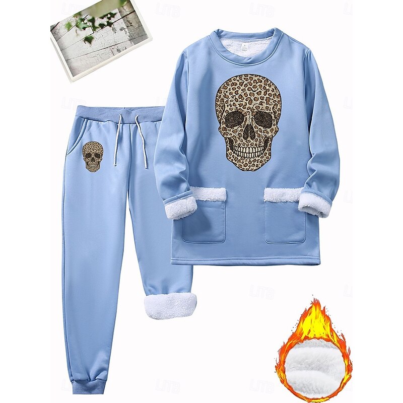 Women's Warm Daily Two Piece Sets Tracksuit Pants Sets Long Sleeve Crew Neck Graphic Drawstring Print Casual Daily Black Dark Pink Blue Fall Regular Fit4