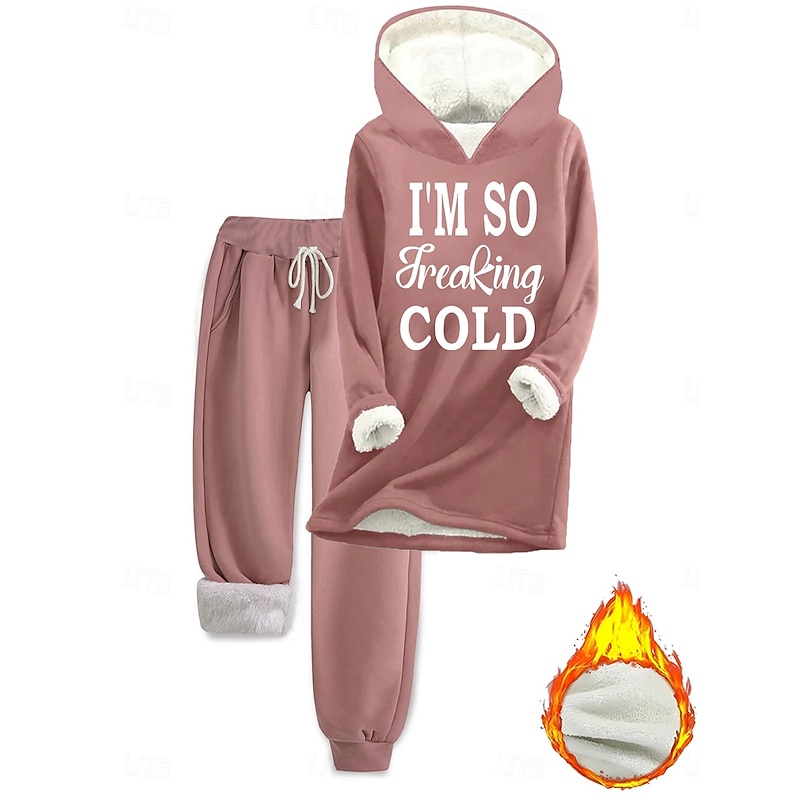 Women's Warm Daily Two Piece Sets Tracksuit Pants Sets Long Sleeve Hooded Graphic Letter Drawstring Print Casual Daily Black Pink Dark Pink Fall Loose Fit