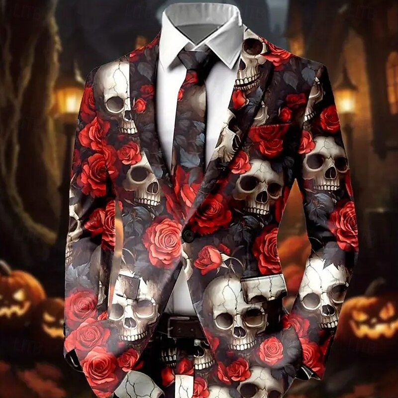 Men's Skull Rose Blazer Jacket Coat Comfortable Breathable Artistic Gothic Casual Party Daily Festival 3D Print Buttons Multi Pocket Fall Winter Fall & Winter Turndown Long Sleeve Black 1 Black Red