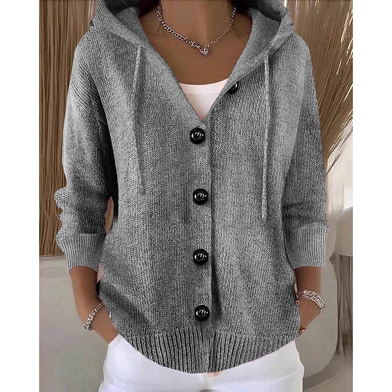 Women's Sweater Cardigan Fashion Streetwear Casual Pure Color Ribbed Hooded Pocket Buttons Knitted Long Sleeve Regular Tops Knit Outdoor Daily Weekend Black White Fall Winter