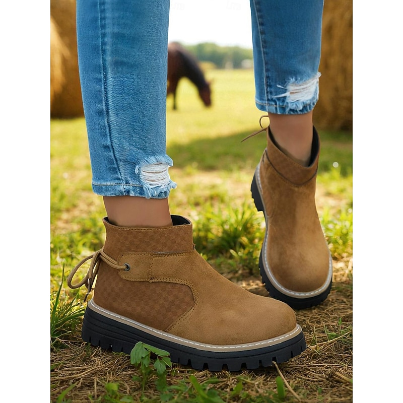 Women's Coffee Faux Suede Ankle Boots with Thick Sole, Casual Farm Style for Autumn and Outdoor Wear4