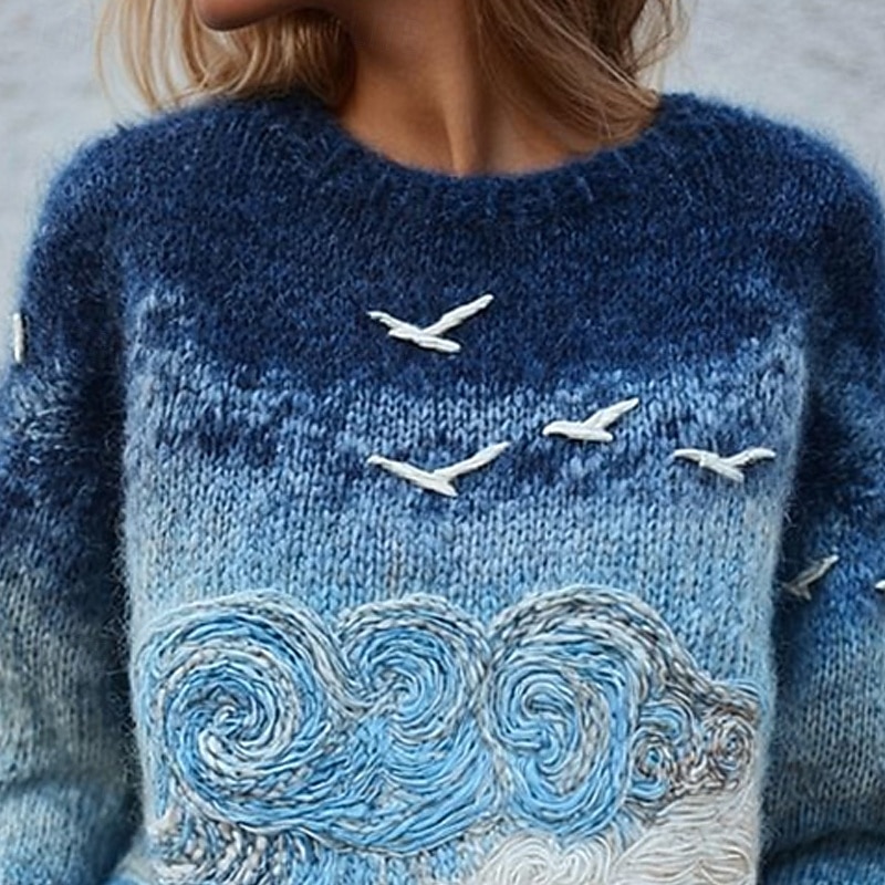 Women's Sweater Pullover Daily Casual Graphic Ribbed Crew Neck Knitted Print Long Sleeve Regular Tops Knit Outdoor Weekend Blue Fall Winter2