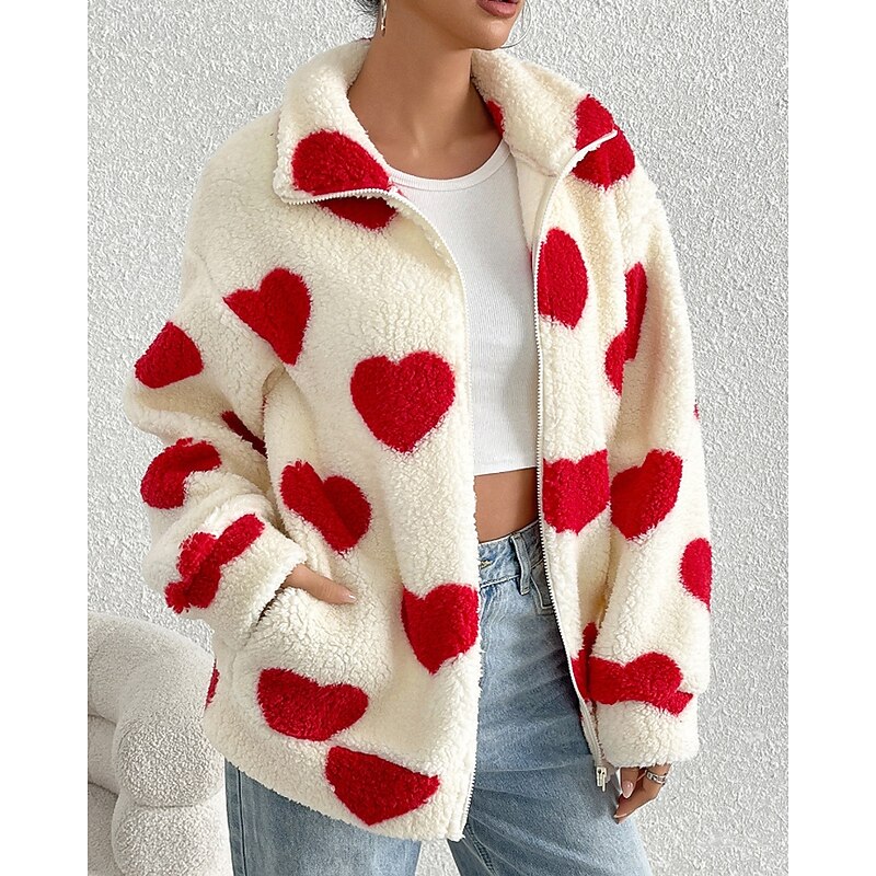Women's Teddy Coat Warm Comfortable Zipper Casual Heart Vacation Daily Wear Going out Weekend Regular Stand Collar Loose Fit Long Sleeve Outerwear Black Red Khaki Fall Winter3
