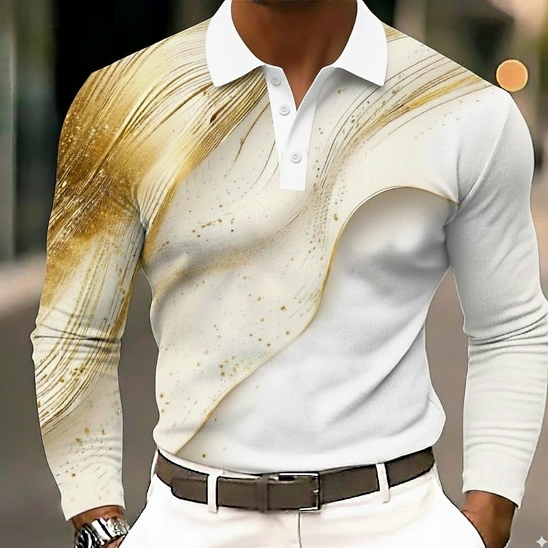 Men's Abstract Geometic Polo Long Sleeve Polo Shirts Lapel Business Casual Outdoor Athleisure Daily Wear 3D Print Buttons Spring Fall Winter Blue Gold Green