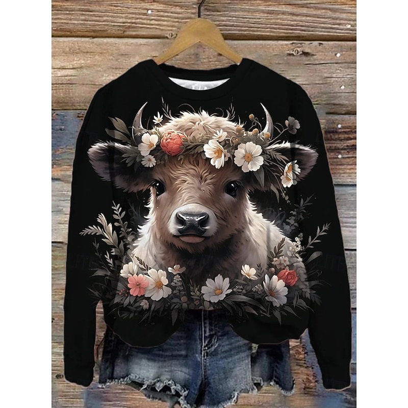 Women's Pullover Sweatshirt Floral Graphic Fashion Casual Long Sleeve Crew Neck Regular Tops Street Dailywear Casual Print Black Yellow Orange Beige Fall Winter3