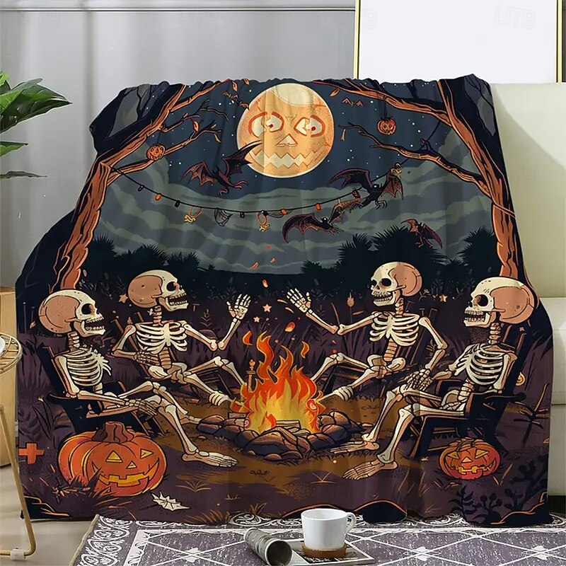 Halloween Fleece Throw Blanket for Couch Skeleton 3D Dark Punk Gothic Style Party Sofa Bed Decorative Warm Blanket Home Decor2