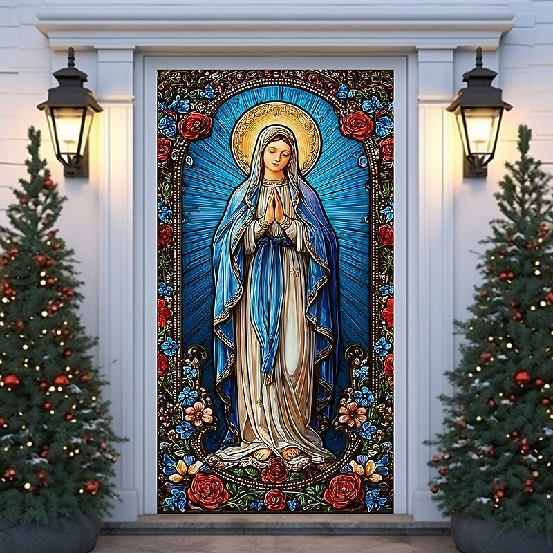 Christmas Door Cover, Virgin Mary Religious Holiday Door Curtain, Catholic 2025 Xmas Door Hanging for Porch Church Party Home Decoration2
