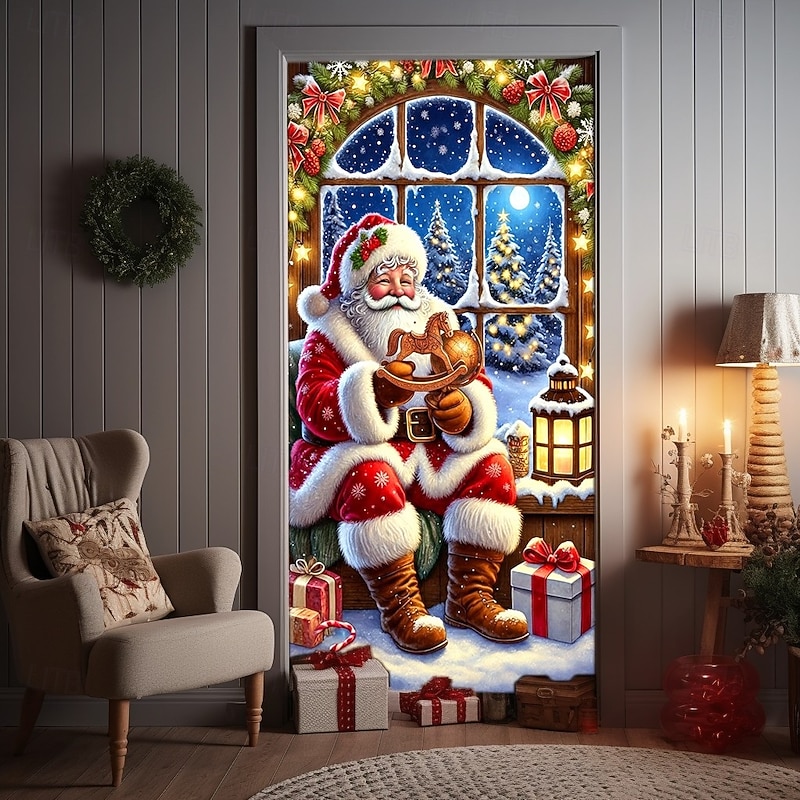 Christmas Door Cover Winter Holiday Decoration Drapes with Santa Claus Globe Christmas Gift Boxes Christmas Wreath Snow Falling by Floor-to-Ceiling Window Print for Home Entryway Living Room Bedroom