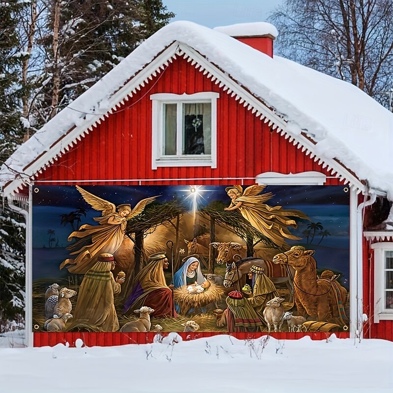 Christmas Outdoor Garage Door Cover Nativity Scene Large Tapestry Backdrop Decoration With Holy Family Manger Starry Night For Holiday Outdoor Garage Door Home Wall Christmas Decorations2