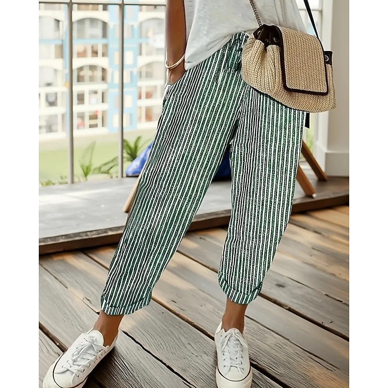 Women's Wide Leg Pants Trousers Fashion Streetwear Full Length Mid Waist Striped Pocket Elastic Waist Print Comfy Breathability Outdoor Dailywear Daily Black Pink Blue Green Spring Fall Regular Fit