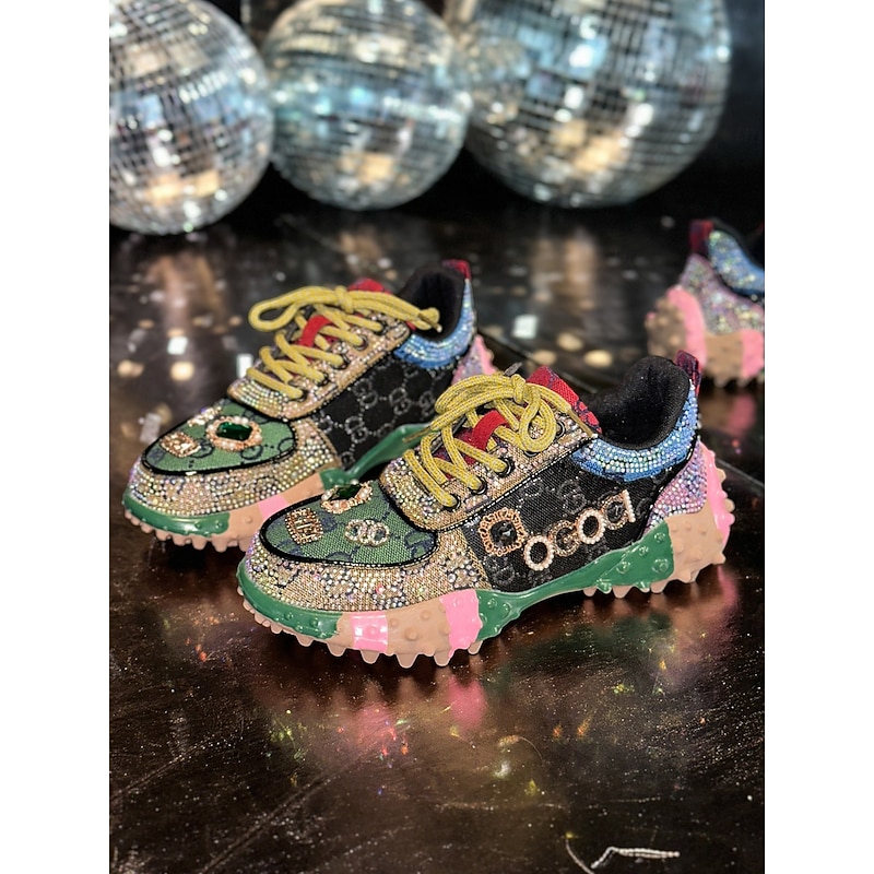Women's Rhinestone Embellished Chunky Sneakers with Colorful Design and Logo Detail for Fashion, Nightlife, and Party Outfits2