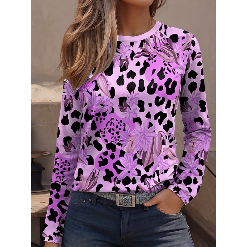 Women's T Shirt Graphic Leopard Geometric Vintage Fashion Stylish Long Sleeve Crew Neck Regular Tops Daily Weekend Print Pink Blue Purple Green Khaki Spring Fall4