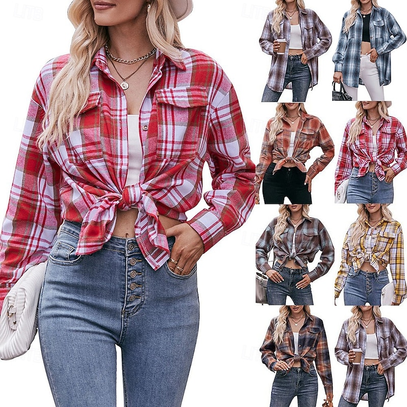 Women's Shirt Plaid Vintage Tropical Stylish Long Sleeve Shirt Collar Crop Tops Daily Pocket Buttons Print Yellow Red Light Brown Blue Brown Spring Fall