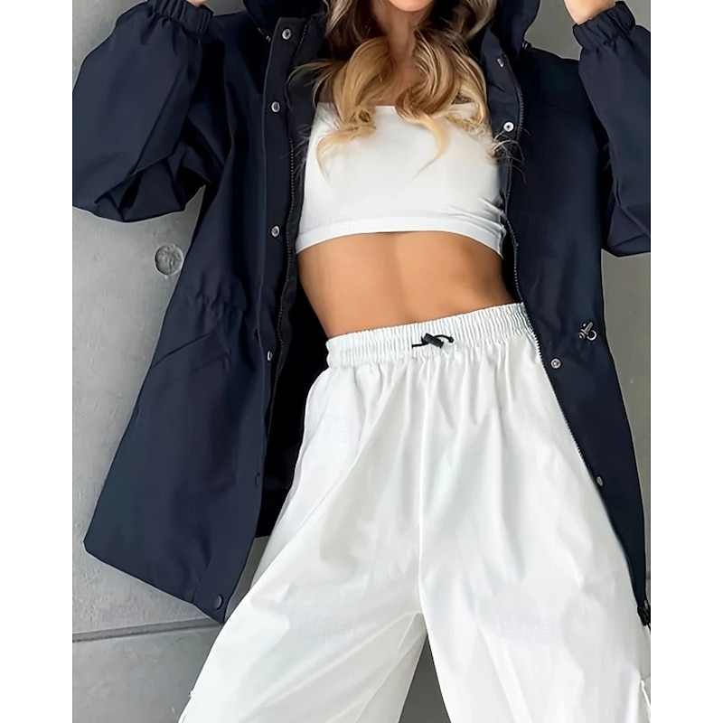 Women's Winter Coat Hoodie Jacket Warm Comfortable Zipper Pocket Casual Plain Vacation Daily Wear Going out Weekend Regular Hooded Regular Fit Long Sleeve Outerwear Navy Black Rose Red Fall Winter3