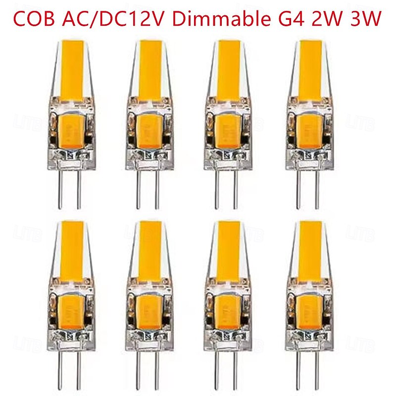 10pcs Dimmable G4 COB LED Light Bulbs Halogen Lamp Replacement 3000K/6000K 2W 3W AC/DC 12V Crystal Spotlight Bulb