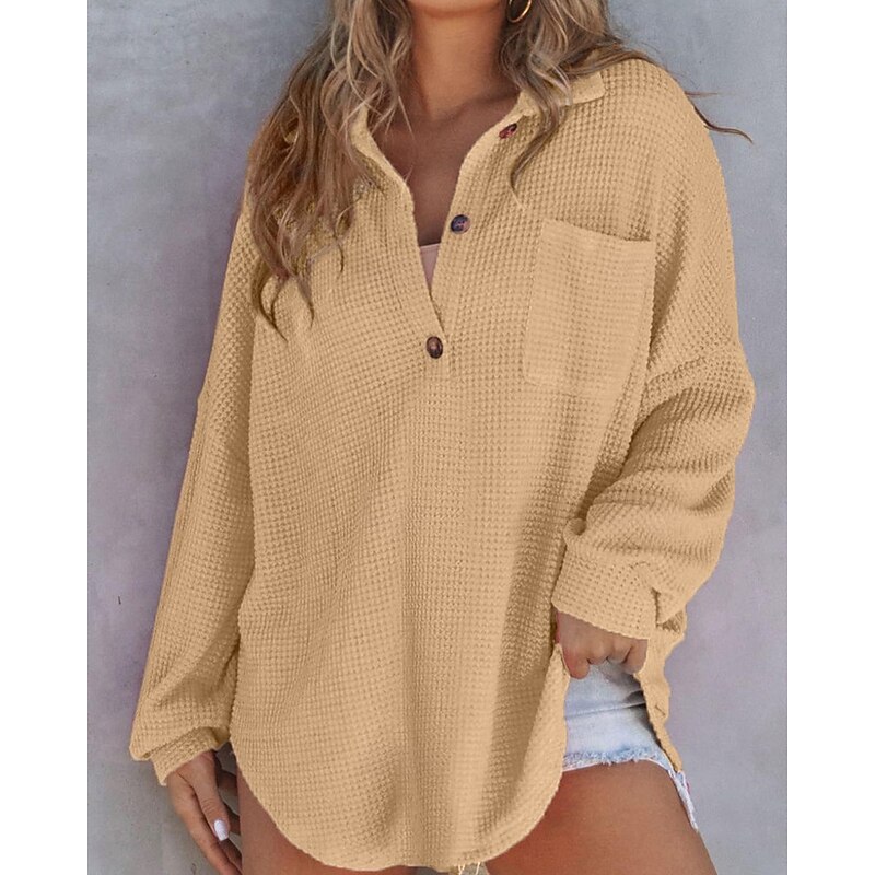 Women's Sweater Pullover Daily Stylish Casual Solid Color Ribbed V Neck Buttons Knitted Long Sleeve Regular Tops Knit Daily Holiday Going out White Pink Fall Winter3
