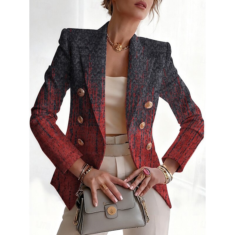 Women's Blazer Comfortable Breathable Buttons Print Fashion Casual Geometric Office Street Casual Daily Wear Double Breasted Regular Notch Lapel Regular Fit Long Sleeve Outerwear Red Blue Purple Fall