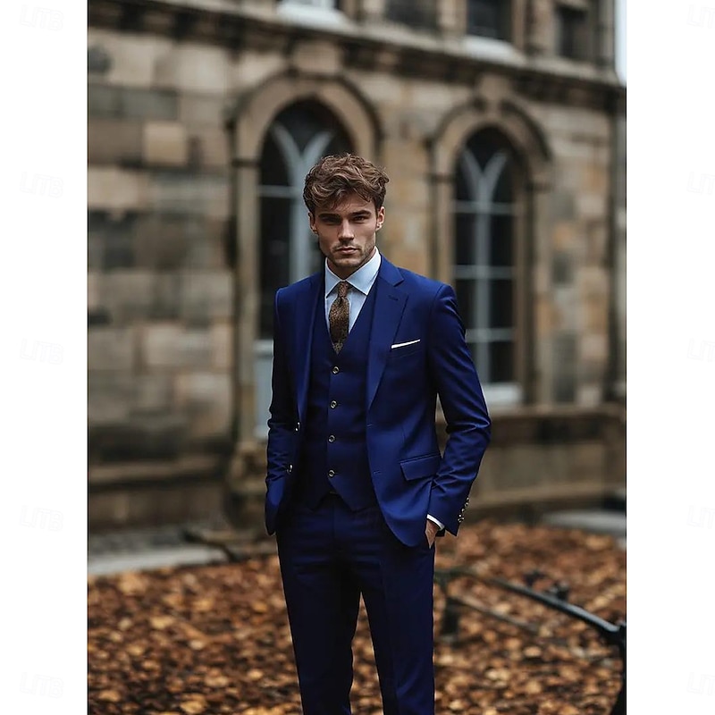 Men's Wedding Business Wedding Suits Notch Lapel Black Navy Blue Formal Dress Solid Colored Slim Fit 3 Piece Single Breasted Two-buttons