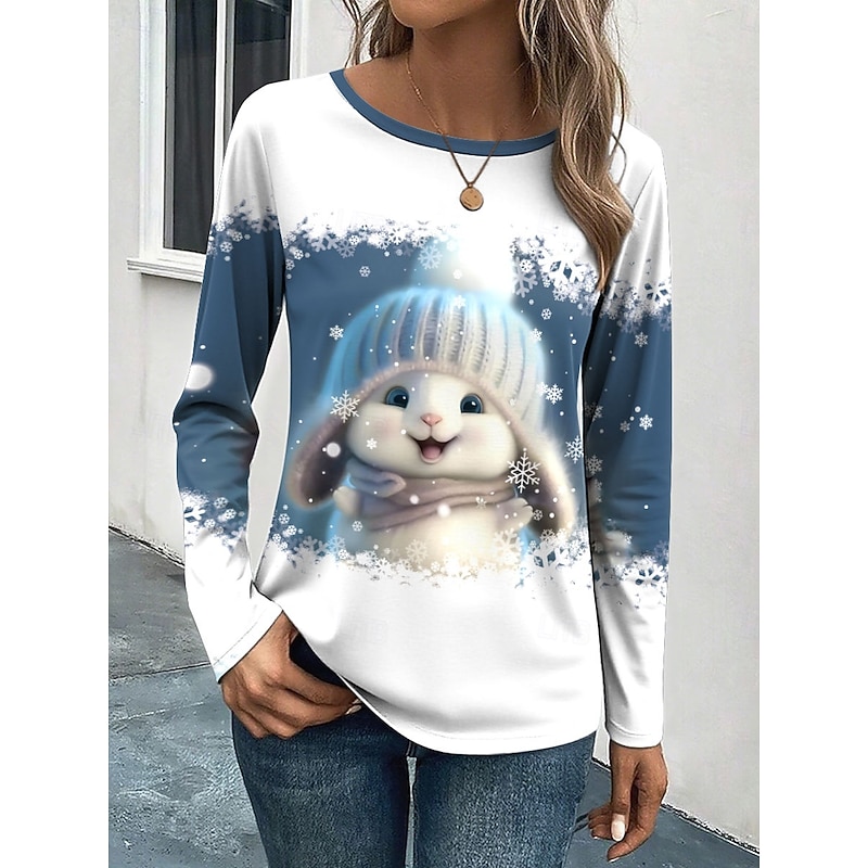 Christmas Women's T Shirt Graphic Animal Snowflake Fashion Cute Stylish Long Sleeve Crew Neck Round Neck Regular Tops Daily Weekend Print Yellow Blue Purple Green Summer Spring Fall Winter
