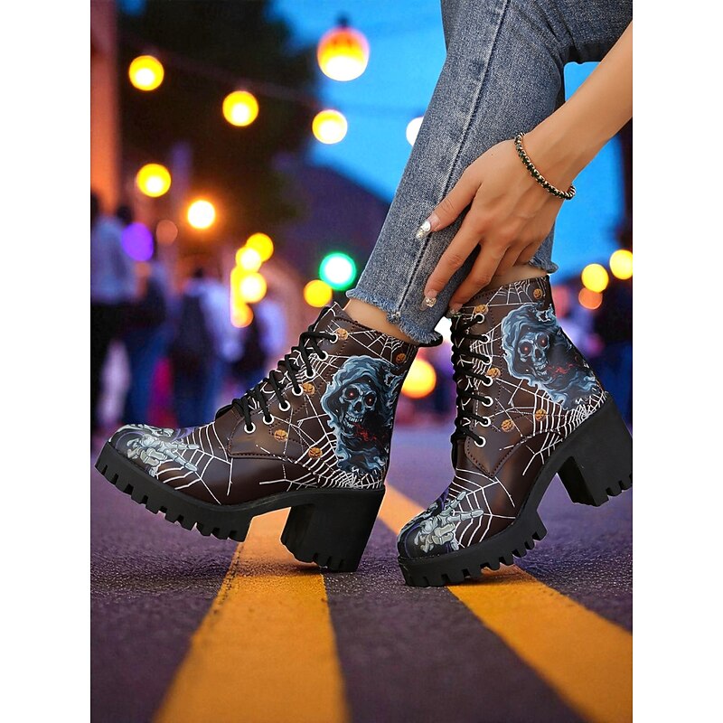 Women's Halloween Skull Spider Web Gothic Ankle Boots – Chunky Heel Lace-Up Faux Leather Shoes for Spooky Parties and Cosplay3