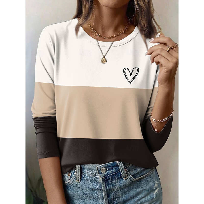 Women's T Shirt Heart Graphic Geometric Vintage Fashion Stylish Long Sleeve Crew Neck Round Neck Regular Tops Daily Weekend Print Blue Purple Green Khaki Summer Spring Fall