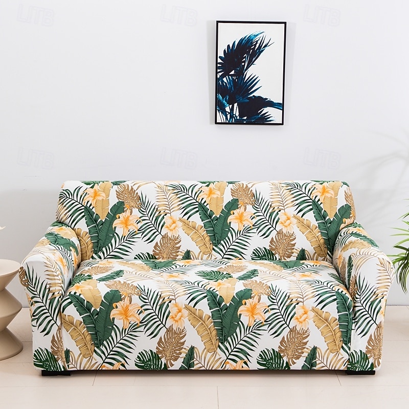 1Pc Stretch Elastic Sofa Cover with Plant Print, All-Season Horizontal Slipcover for 1/2/3/4 Seat Living Room Sofa, Soft Protective Couch Cover