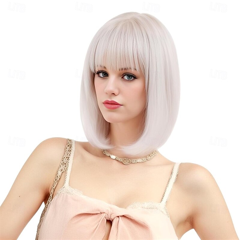 White Short Platinum Bob Wig with Bangs Ombre to Blonde Hair Synthetic Heat Resistant 12 Inch Wigs for Women2