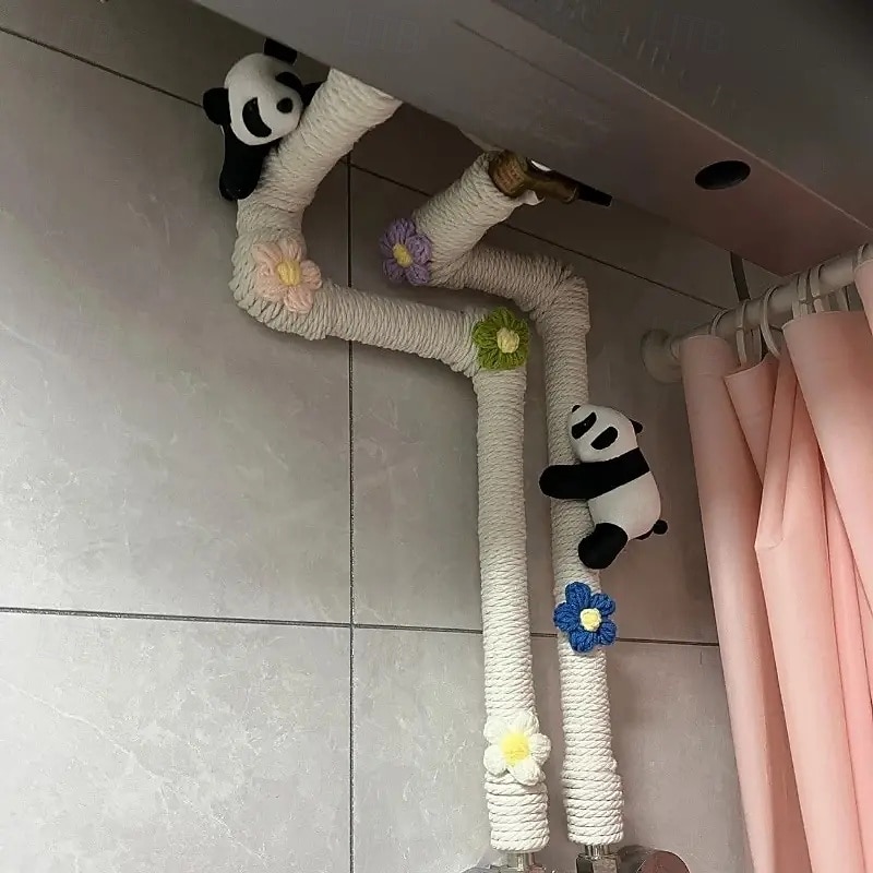 Air Conditioning & Heating Pipe Decoration Decorative Cover with Cute Panda & Floral Design 2pcs Panda with 50m White Rope and 12 Flowers Fabric Pipe Cover Suitable for Sewer, Air Conditioner Pipes3
